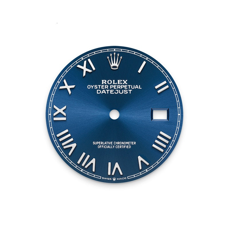 Rolex Datejust 36, Oystersteel and 18k White Gold, Bright blue sunray, Diamond-set bezel Oyster, Ref# 126284rbr-0062, Dial