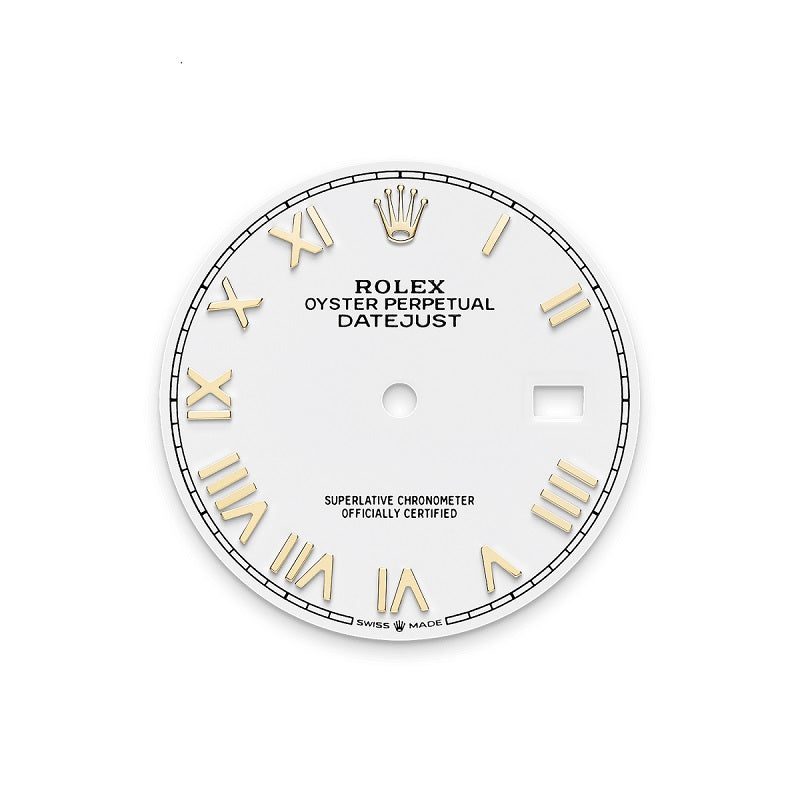 Rolex Datejust 36, Oystersteel and 18k Yellow Gold, Intense white Roman dial, Diamond-set bezel Oyster, Ref# 126283RBR-0034, Dial