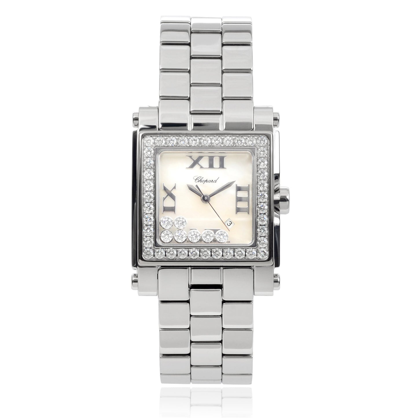 Unworn Chopard Happy Sport Square, Stainless Steel and 18k White Gold, 7 floating diamonds, 30mm x 27mm, Ref# 278505-2001