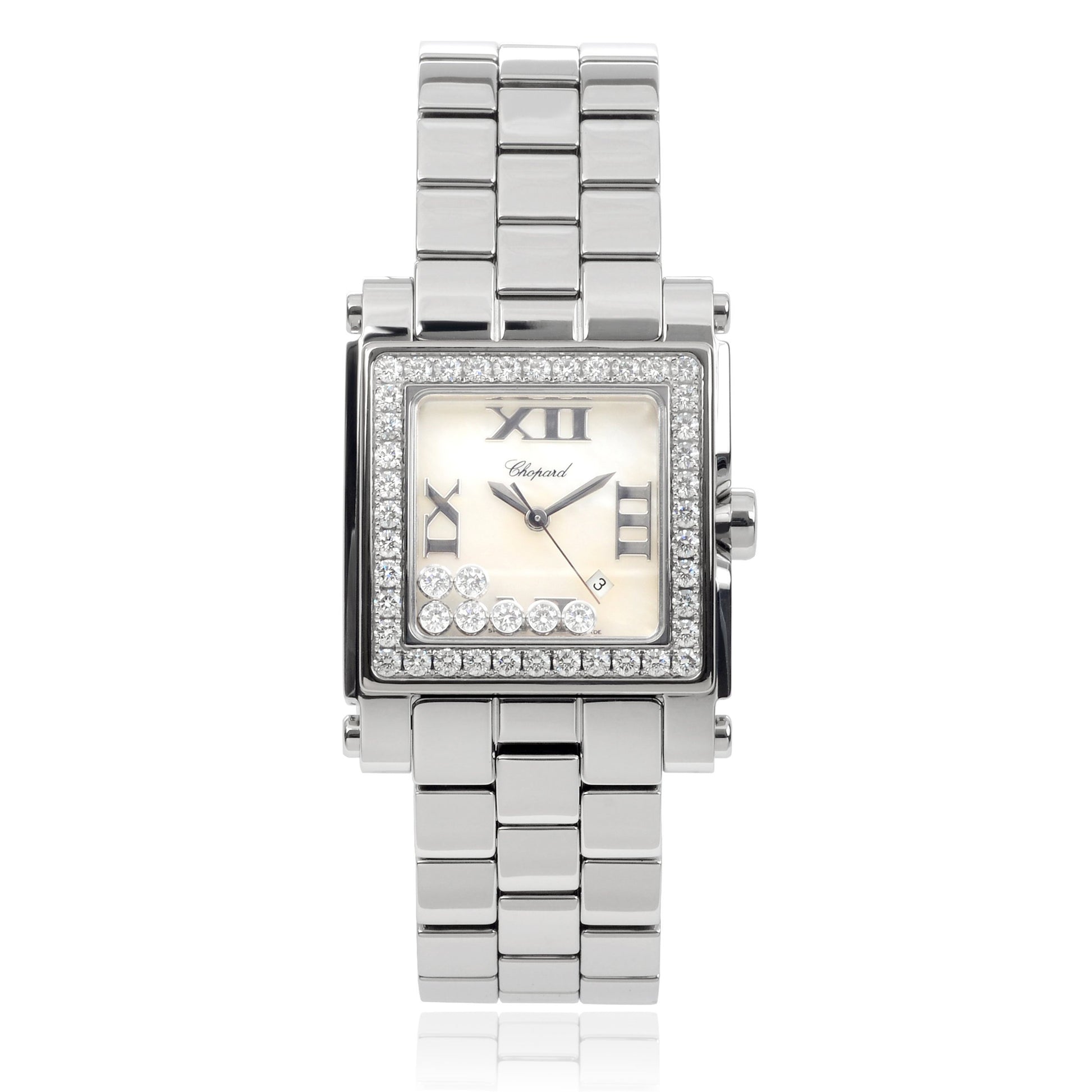 Unworn Chopard Happy Sport Square, Stainless Steel and 18k White Gold, 7 floating diamonds, 30mm x 27mm, Ref# 278505-2001