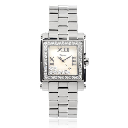 Unworn Chopard Happy Sport Square, Stainless Steel and 18k White Gold, 7 floating diamonds, 30mm x 27mm, Ref# 278505-2001