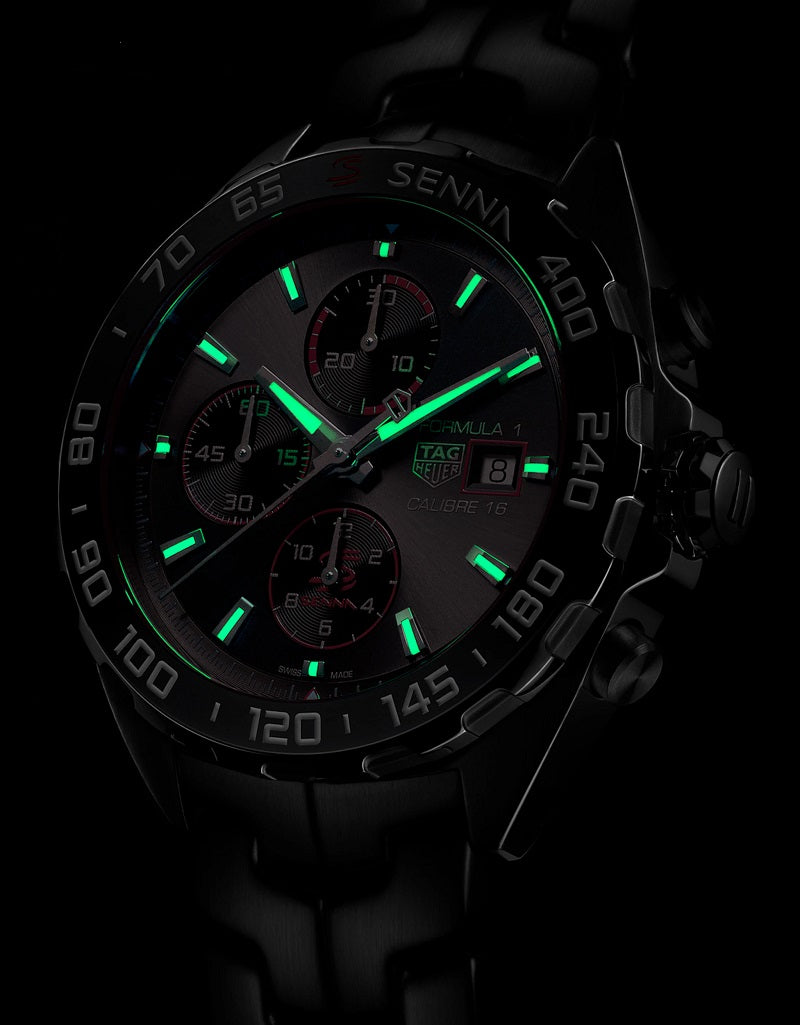 TAG Heuer Formula 1 Chronograph x Senna Special Edition, Stainless Steel and Ceramic, 44mm, Ref# CAZ201D.BA0633, Luminous