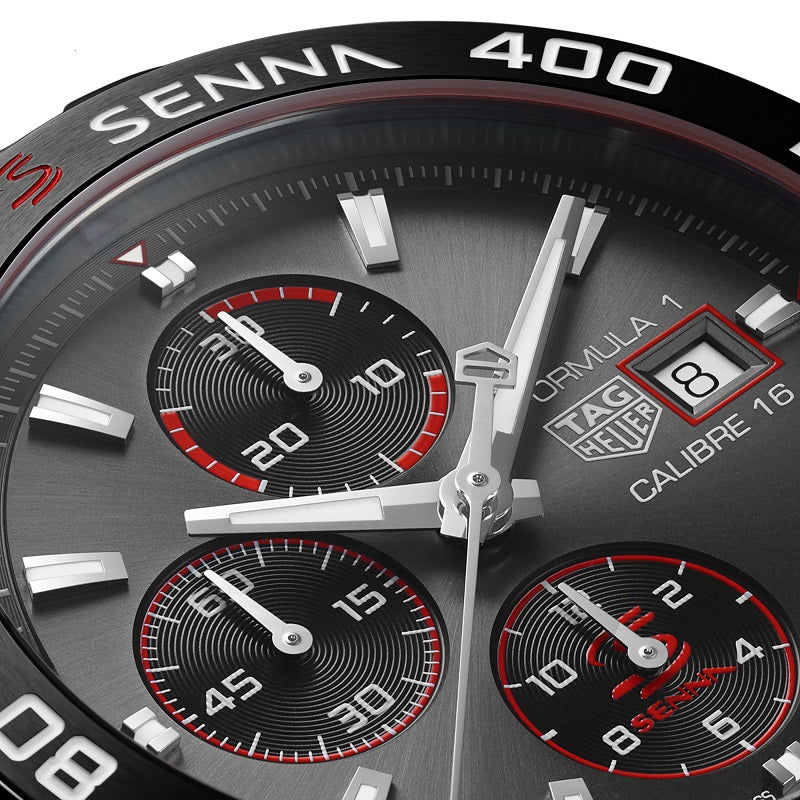 TAG Heuer Formula 1 Chronograph x Senna Special Edition, Stainless Steel and Ceramic, 44mm, Ref# CAZ201D.BA0633, Hands and markers