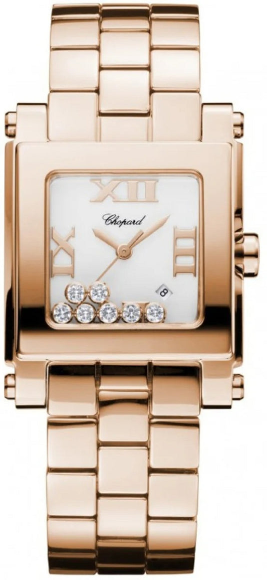Unworn Chopard Happy Sport Square Medium, 18k Rose Gold, 7 floating diamonds, 38mm, Ref# 275322-5001