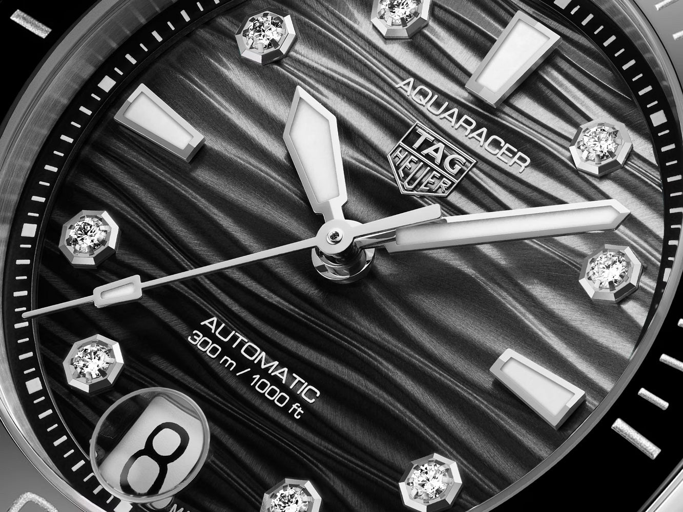 TAG Heuer Aquaracer Professional 300 Date, Stainless Steel, Ceramic and Diamonds, 36mm, Ref# WBP231R.BA0618, Hands and indexes