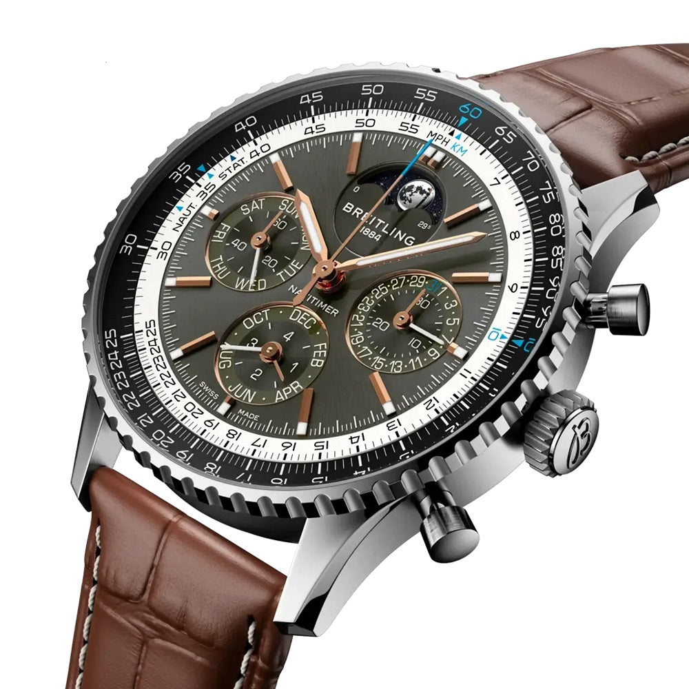Breitling Navitimer B19 Chronograph 43 Perpetual Calendar, Stainless Steel and Platinum, 43mm, Ref# PB1921251B1P1, Side