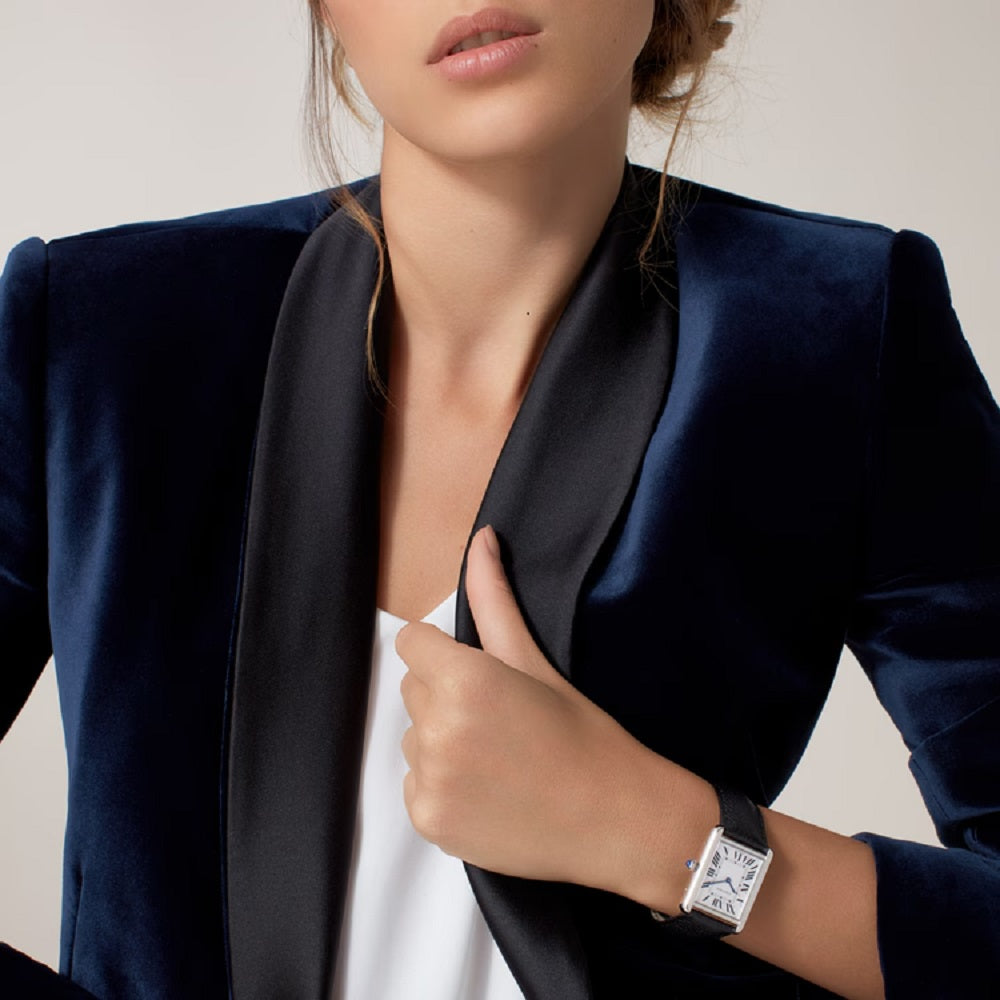 Cartier Tank Solo, Large Stainless Steel, 34.8mm x 27.4mm, Ref# WSTA0028, Watch on Women hand