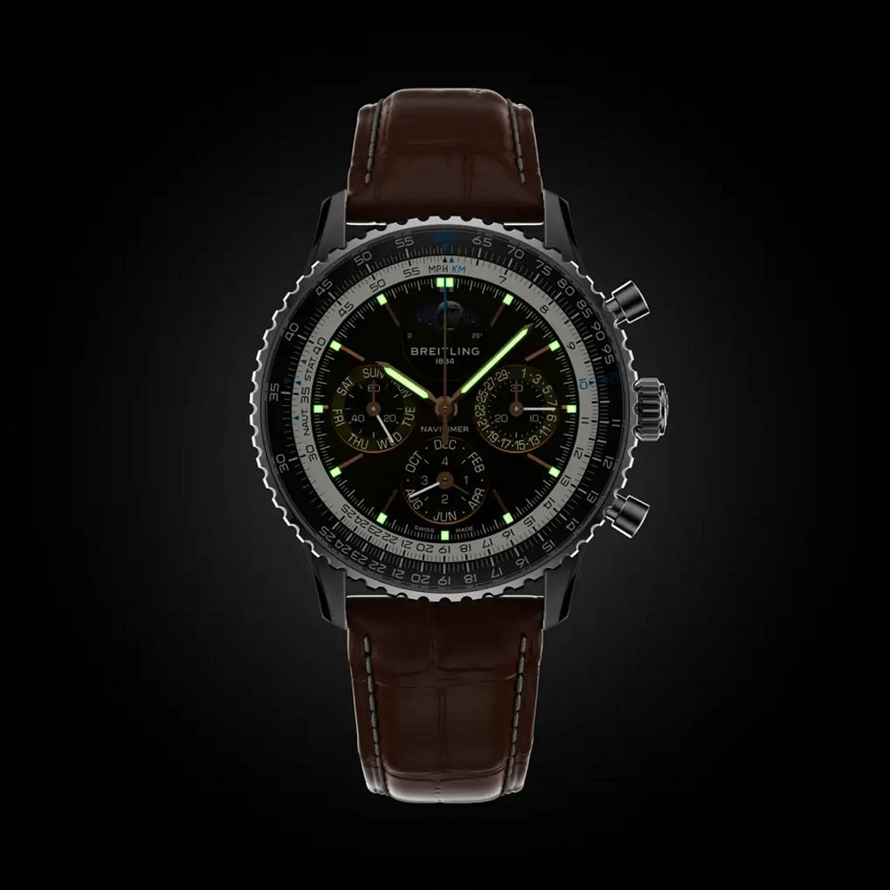 Breitling Navitimer B19 Chronograph 43 Perpetual Calendar, Stainless Steel and Platinum, 43mm, Ref# PB1921251B1P1, Luminous
