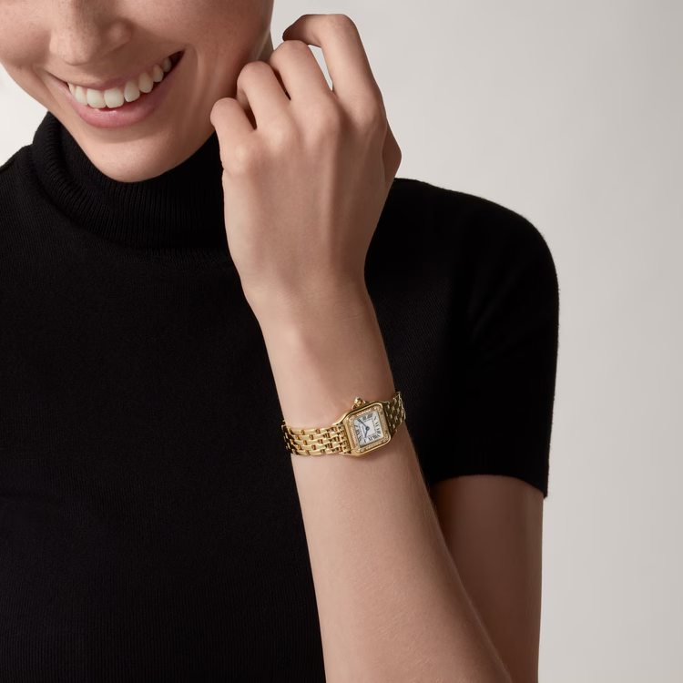 Unworn Cartier Panthère de Cartier Small, 18k Yellow Gold, Diamonds, 22mm x 30mm, Ref# WJPN0067, Watch on hand