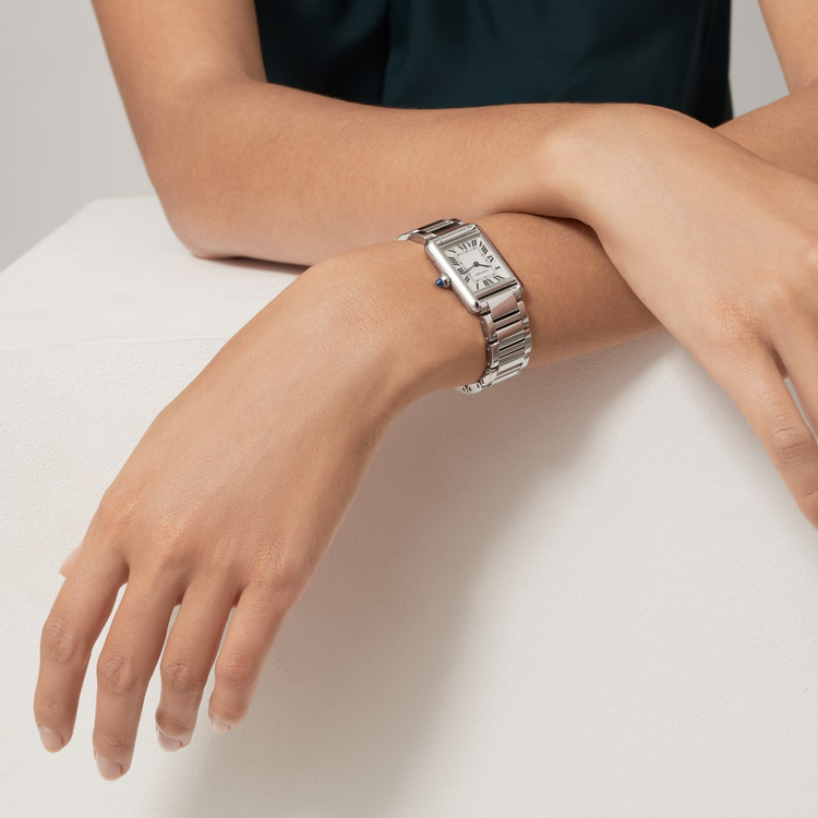 Unworn Cartier Tank Must de Cartier, Small Stainless Steel, 29.5mm x 22mm, Ref# WSTA0107, Watch on hand