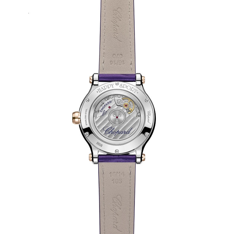 Chopard Happy Sport Automatic, 18k ethical Rose Gold and Stainless Steel, 5 floating diamonds, 33mm, Ref# 278608-6012, Back
