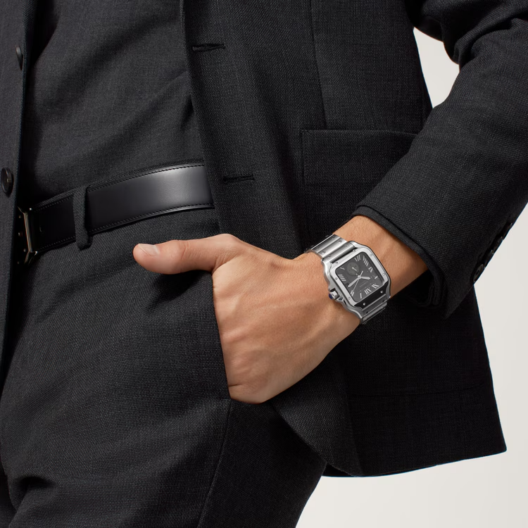 Unworn Cartier Santos de Cartier Dual Time, Stainless Steel, 40.2mm, Ref# WSSA0076, Watch on hand