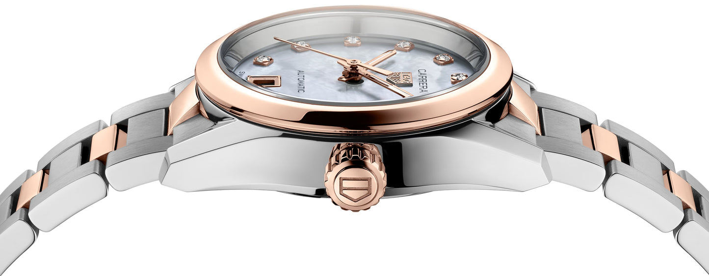 TAG Heuer Carrera Calibre 9 Date, Stainless Steel and 18k Rose Gold set with Diamonds, 29mm, Ref# WBN2450.BD0569, Side