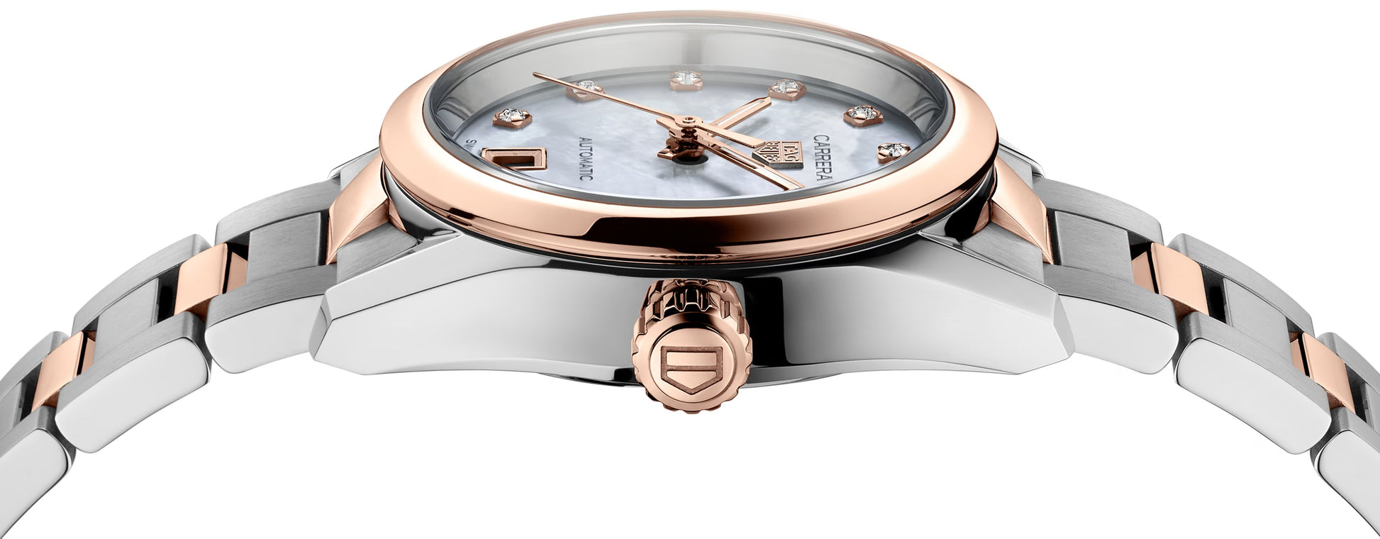 TAG Heuer Carrera Calibre 9 Date, Stainless Steel and 18k Rose Gold set with Diamonds, 29mm, Ref# WBN2450.BD0569, Side