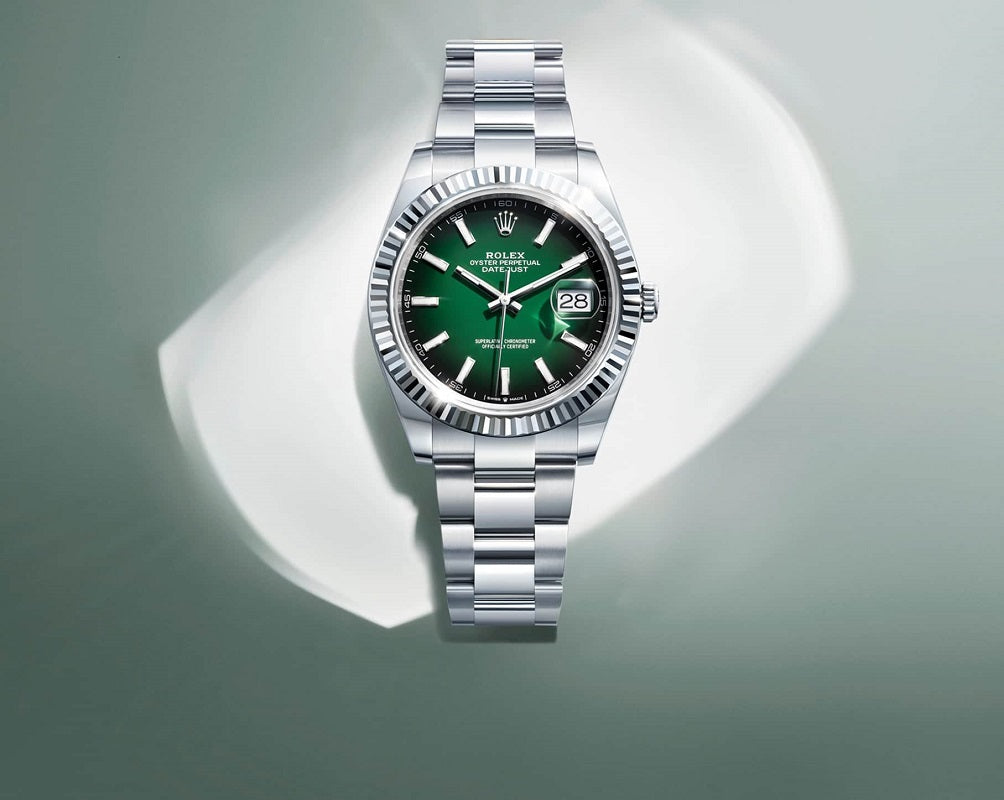 Rolex Datejust 41, Oystersteel and 18k White Gold, Green ombré dial, Fluted Oyster, Ref# 126334-0033, Main view