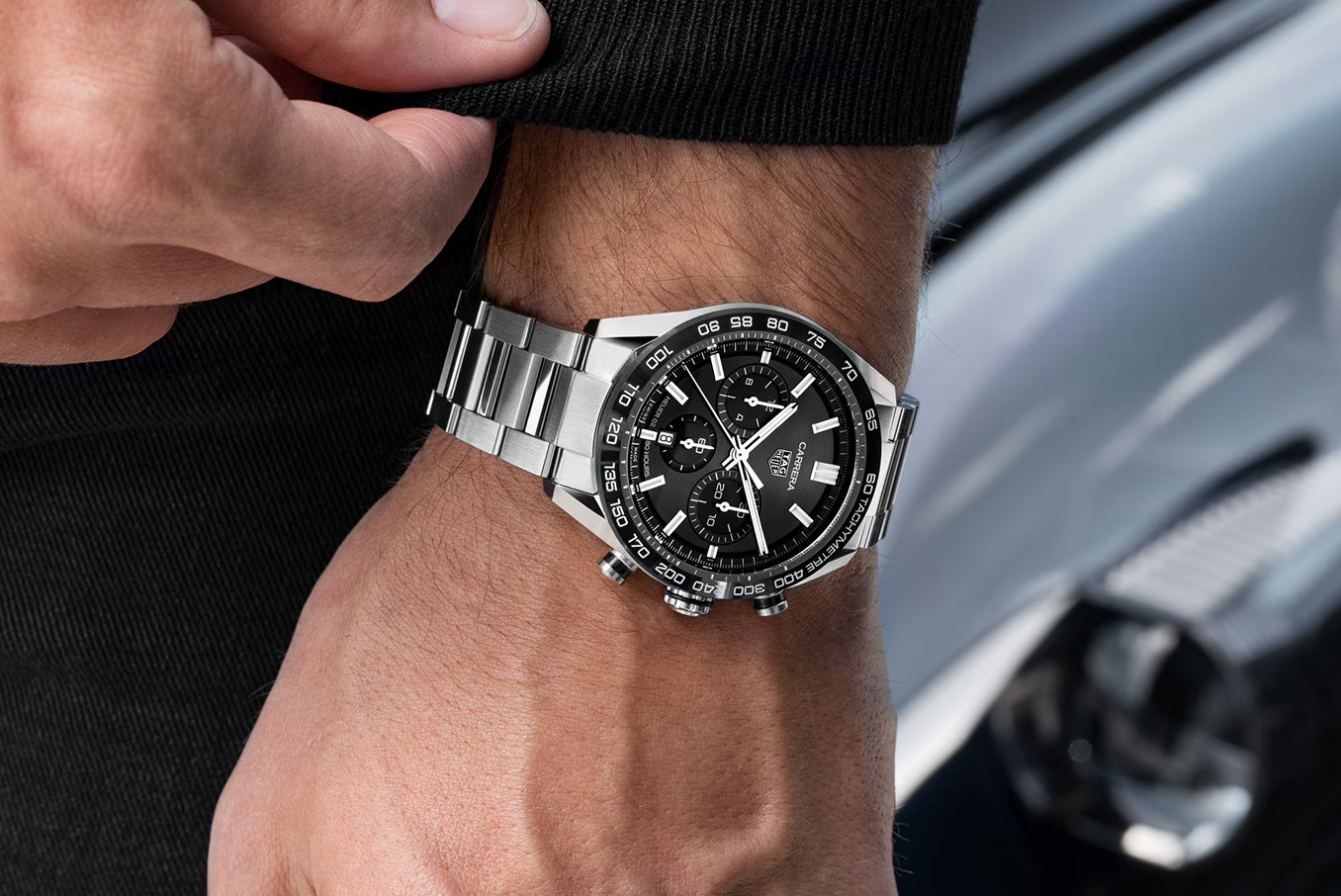 Unworn TAG Heuer Carrera Chronograph, Stainless Steel and Ceramic, 44mm, Ref# CBN2A1B.BA0643, Watch on hand