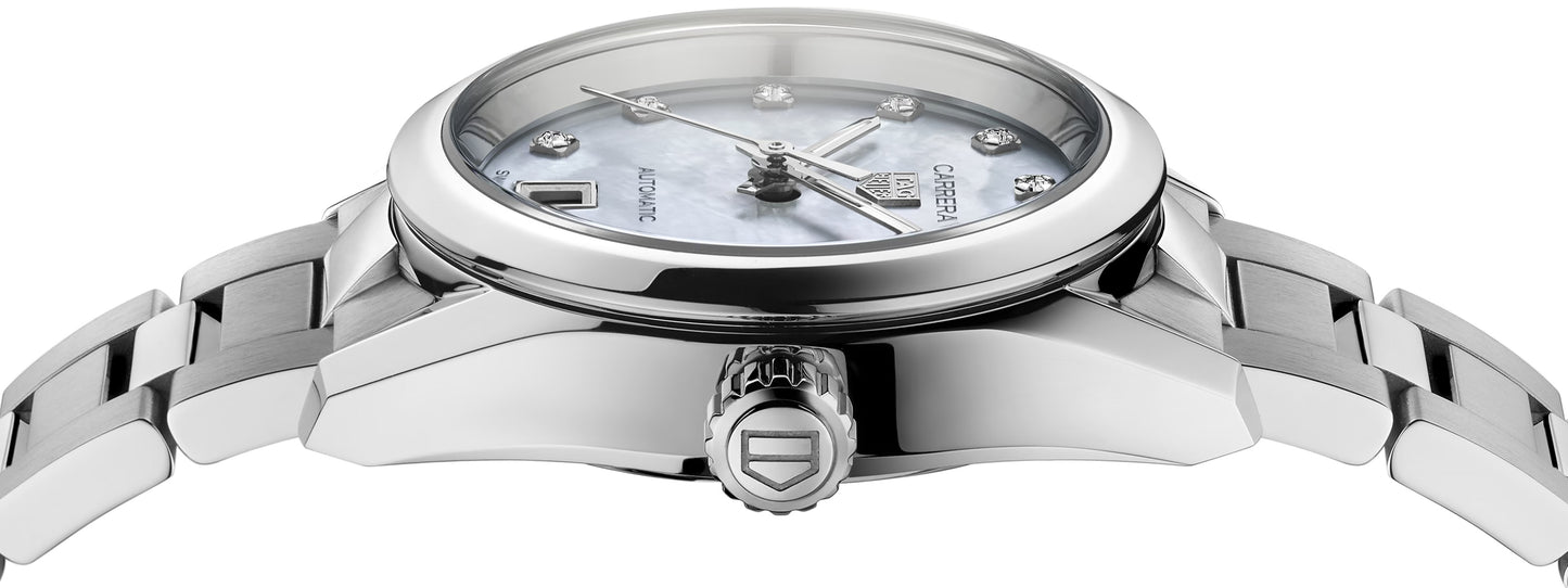 Unworn TAG Heuer Carrera Calibre 9 Date, Stainless Steel and Diamonds, 29mm, Ref# WBN2412.BA0621, Crown