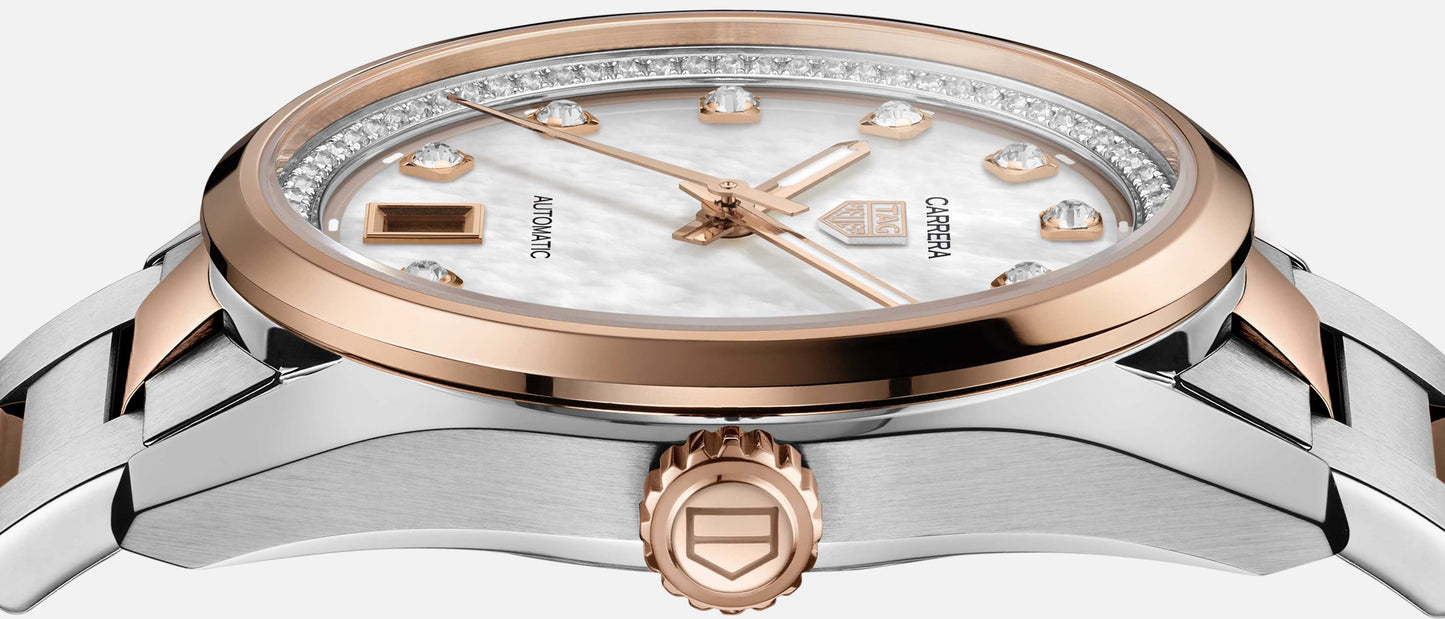 TAG Heuer Carrera Calibre 7 Date, Stainless Steel and 18k Rose Gold set with Diamonds, 36mm, Ref# WBN2351.BD0000, Side