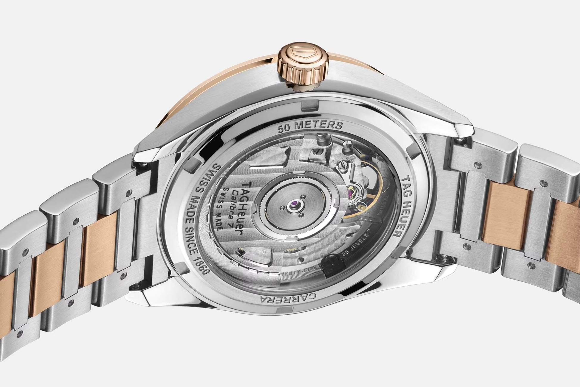 TAG Heuer Carrera Calibre 7 Date, Stainless Steel and 18k Rose Gold set with Diamonds, 36mm, Ref# WBN2351.BD0000, Back