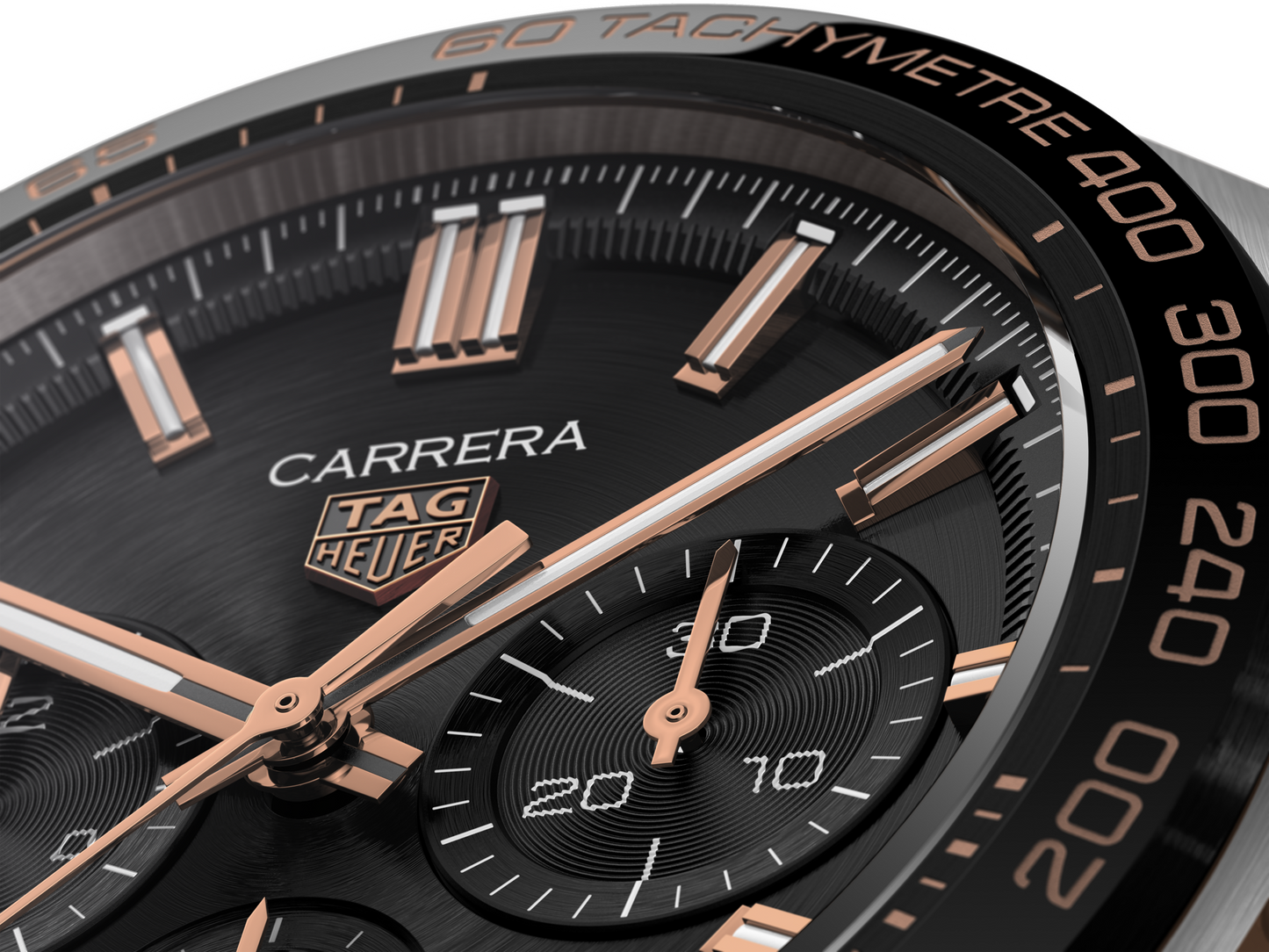TAG Heuer Carrera Chronograph, Stainless Steel, 18k Rose Gold and Ceramic, 44mm, Ref# CBN2A5A.FC6481, hands and markers
