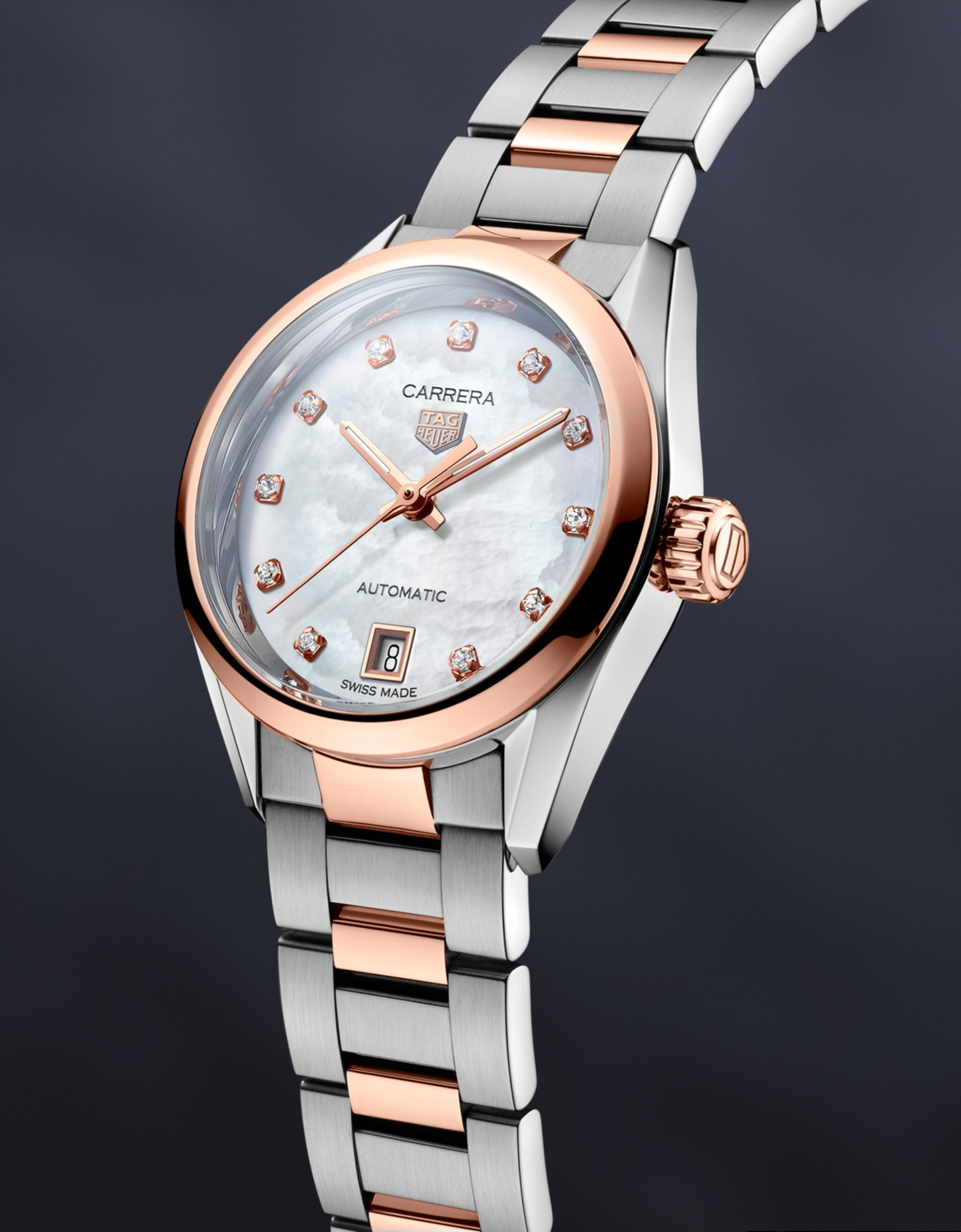 TAG Heuer Carrera Calibre 9 Date, Stainless Steel and 18k Rose Gold set with Diamonds, 29mm, Ref# WBN2450.BD0569, Main view