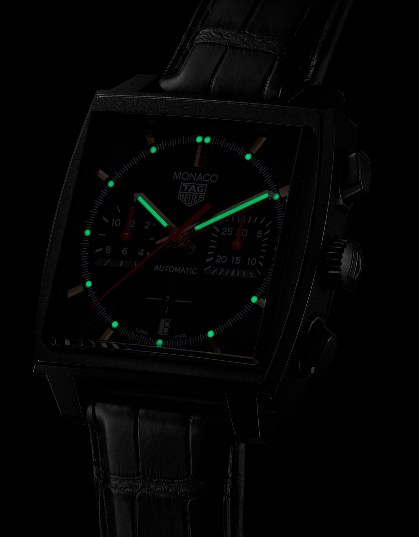 TAG Heuer Monaco Chronograph Automatic, Black DLC Titanium, 39mm, Ref# CBL2180.FC6497, Luminous