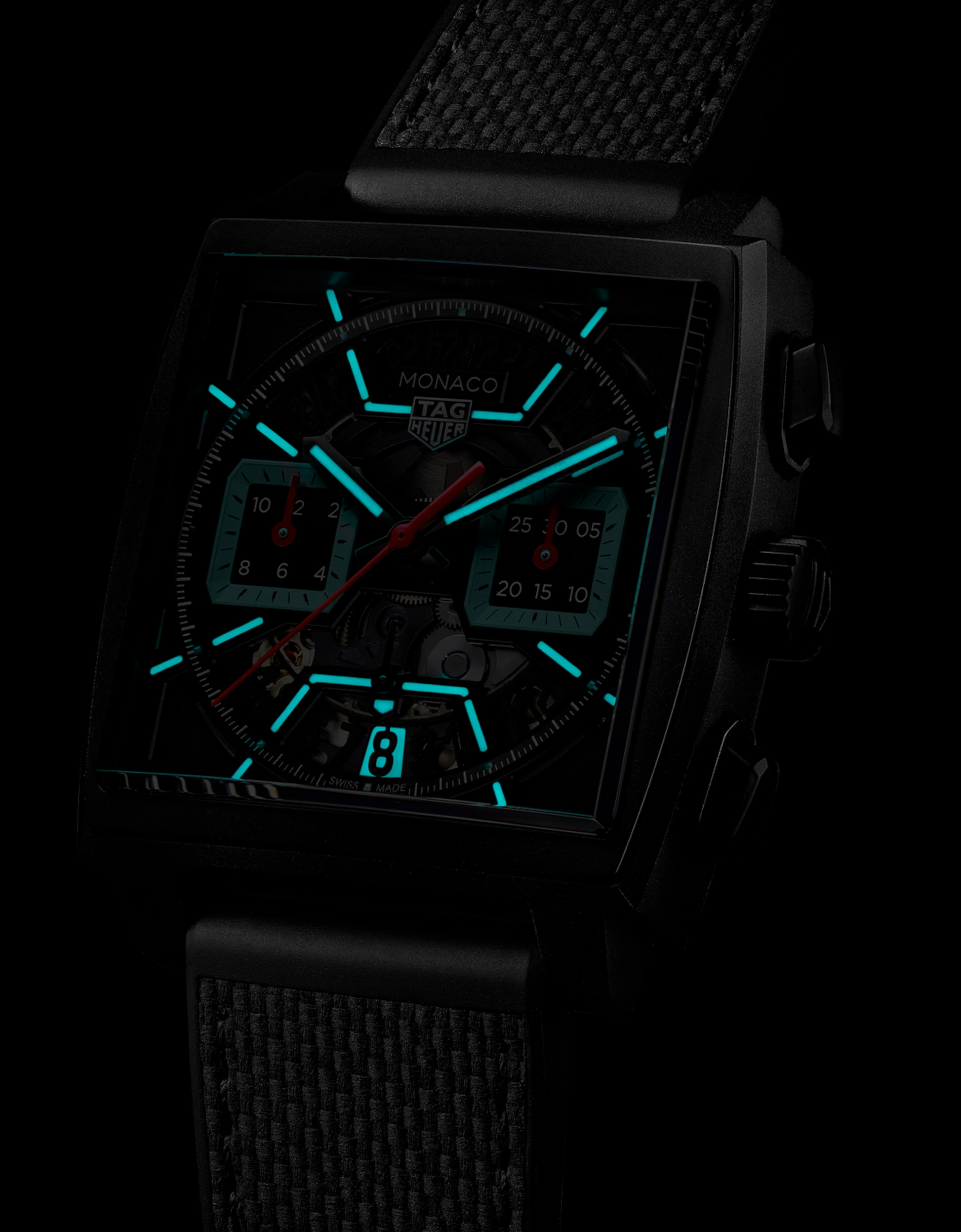 TAG Heuer Monaco Chronograph Skeleton, Black DLC Titanium, Automatic, 39mm, Ref# CBL2184.FT6236, Luminous