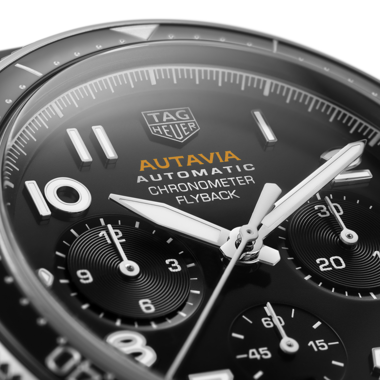 TAG Heuer Autavia Flyback Chronometer, 42 mm, Stainless Steel and ceramic, Ref# CBE511A.FC8279, Hands an Markers