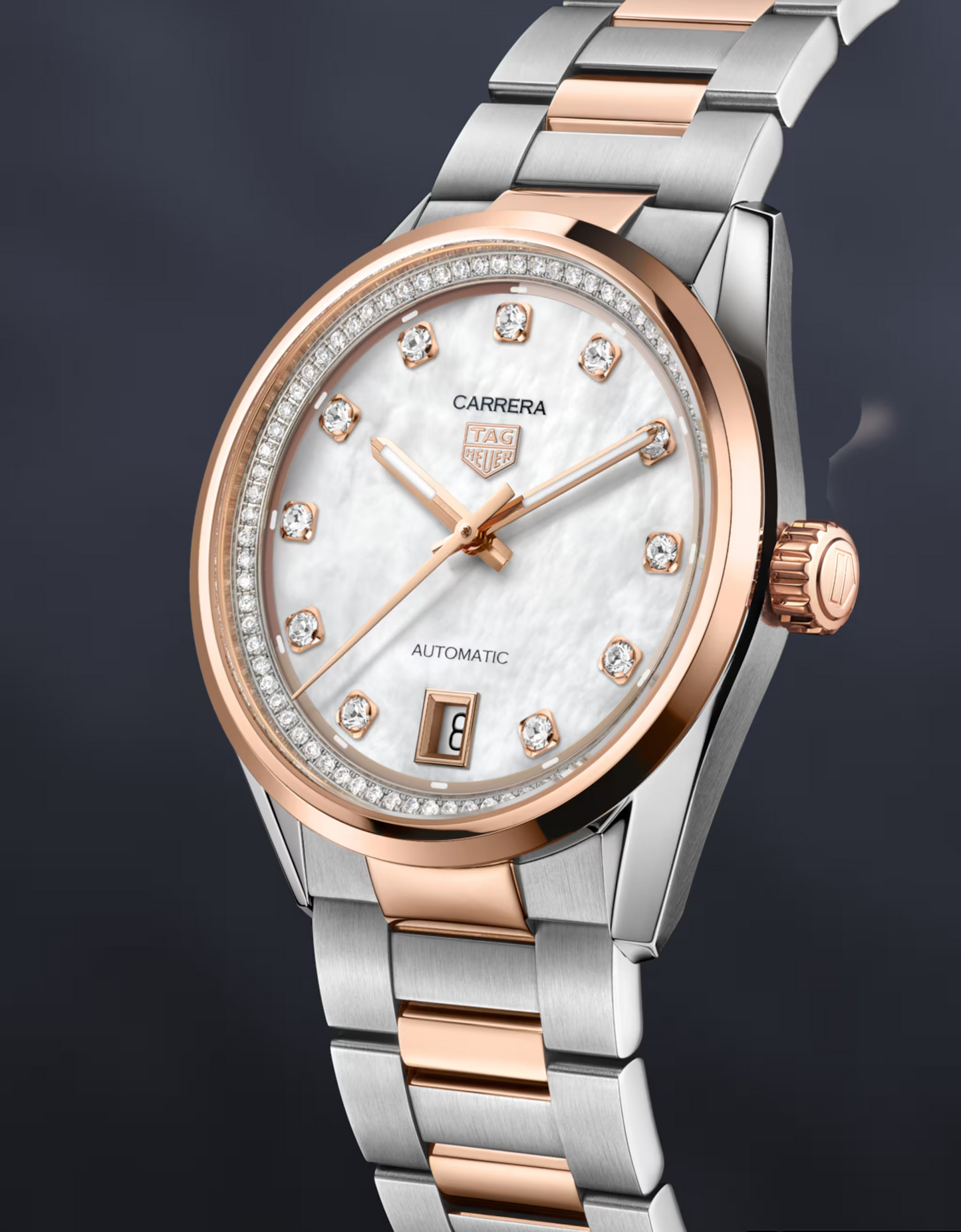 TAG Heuer Carrera Calibre 7 Date, Stainless Steel and 18k Rose Gold set with Diamonds, 36mm, Ref# WBN2351.BD0000, Main view