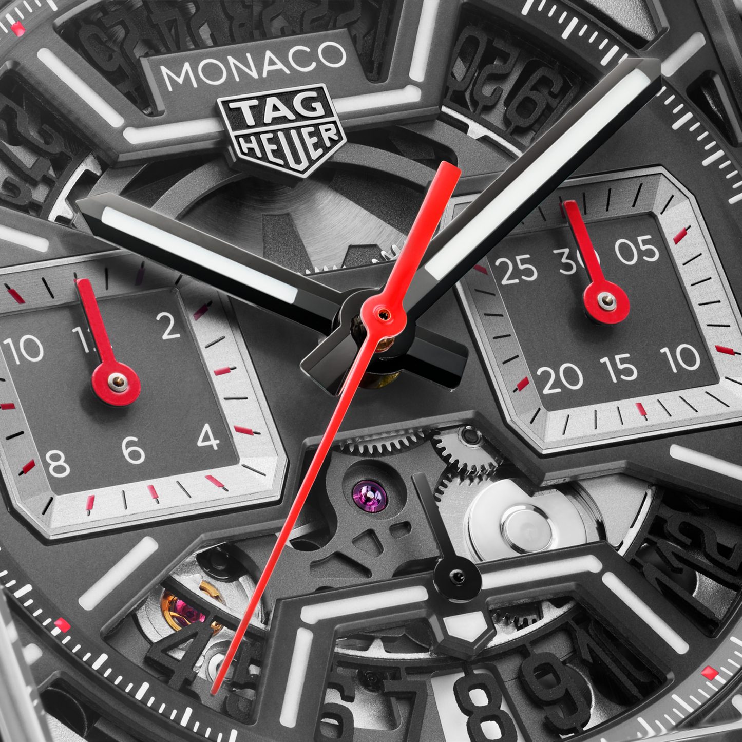 TAG Heuer Monaco Chronograph Skeleton, Titanium, Automatic, 39mm, Ref# CBL2183.FT6236, Hands and Markers