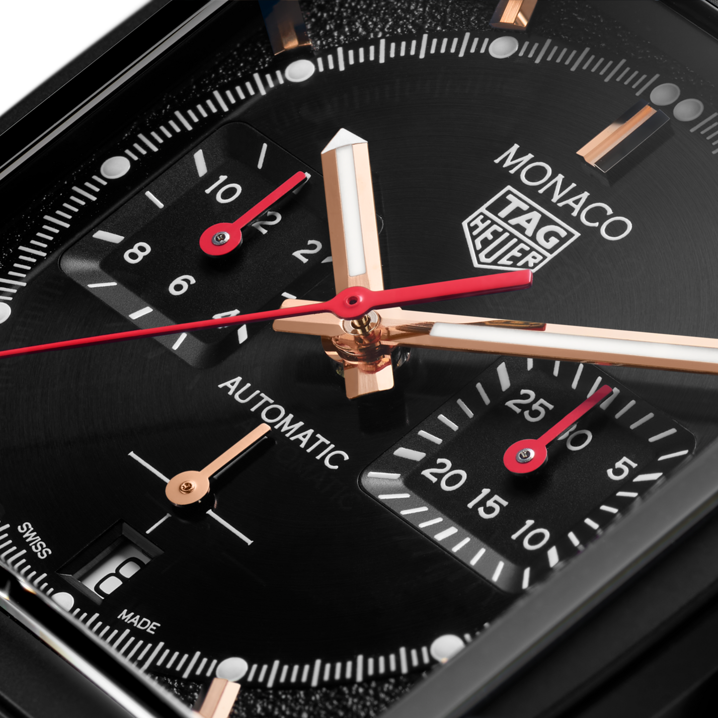 TAG Heuer Monaco Chronograph Automatic, Black DLC Titanium, 39mm, Ref# CBL2180.FC6497,  Hands and  Markers