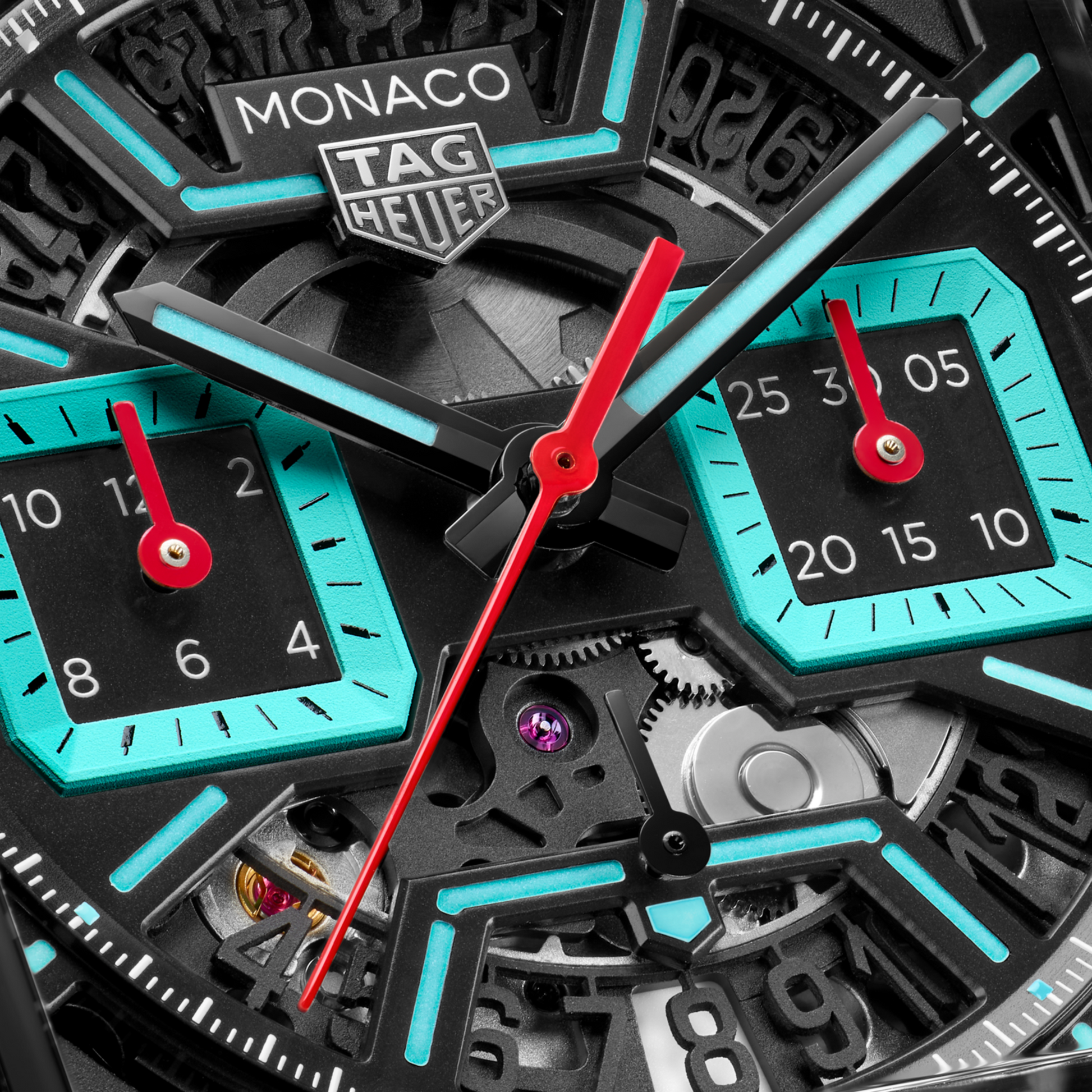 TAG Heuer Monaco Chronograph Skeleton, Black DLC Titanium, Automatic, 39mm, Ref# CBL2184.FT6236, Hands and markers