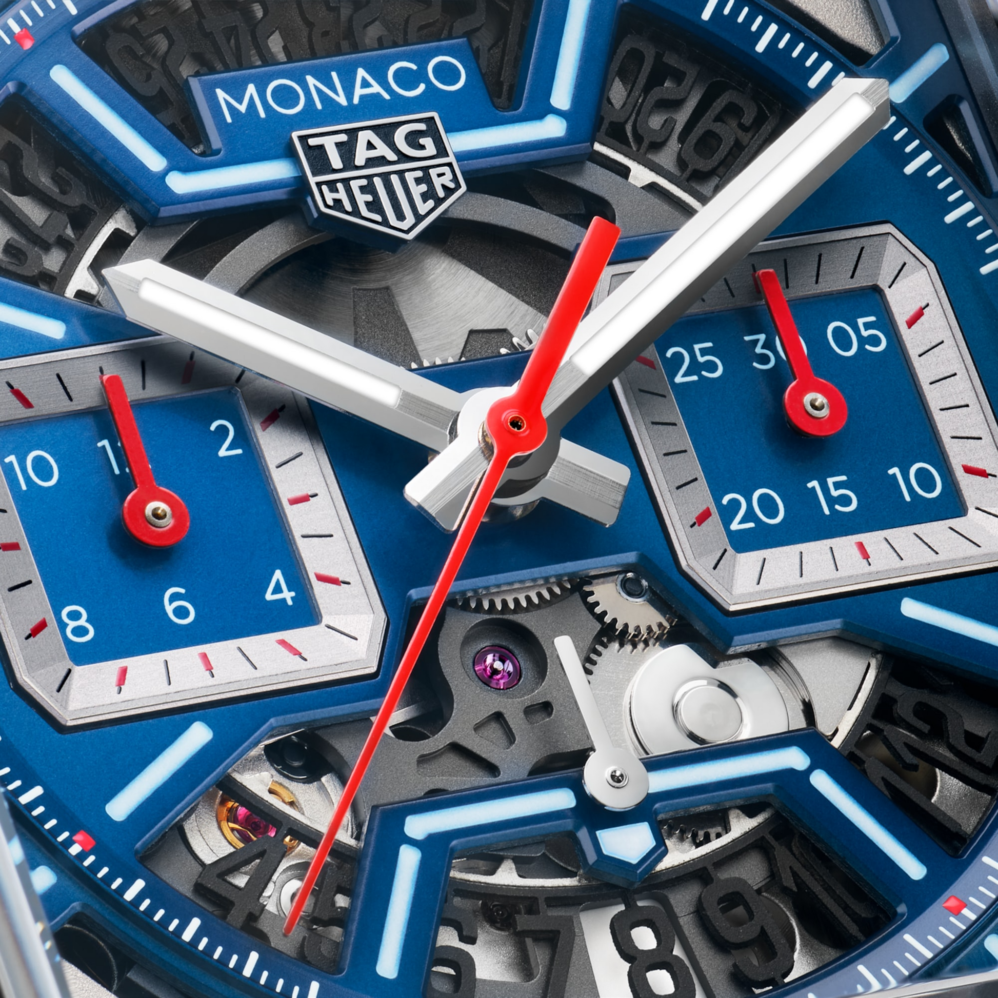 TAG Heuer Monaco Chronograph Skeleton, Titanium, Automatic, 39mm, Ref# CBL2182.FT6235, Hands and Markers
