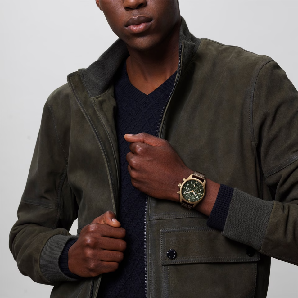 Unworn IWC Pilot's Watch Spitfire Chronograph, Bronze, 41mm, Ref# IW387902, Watch on men hand
