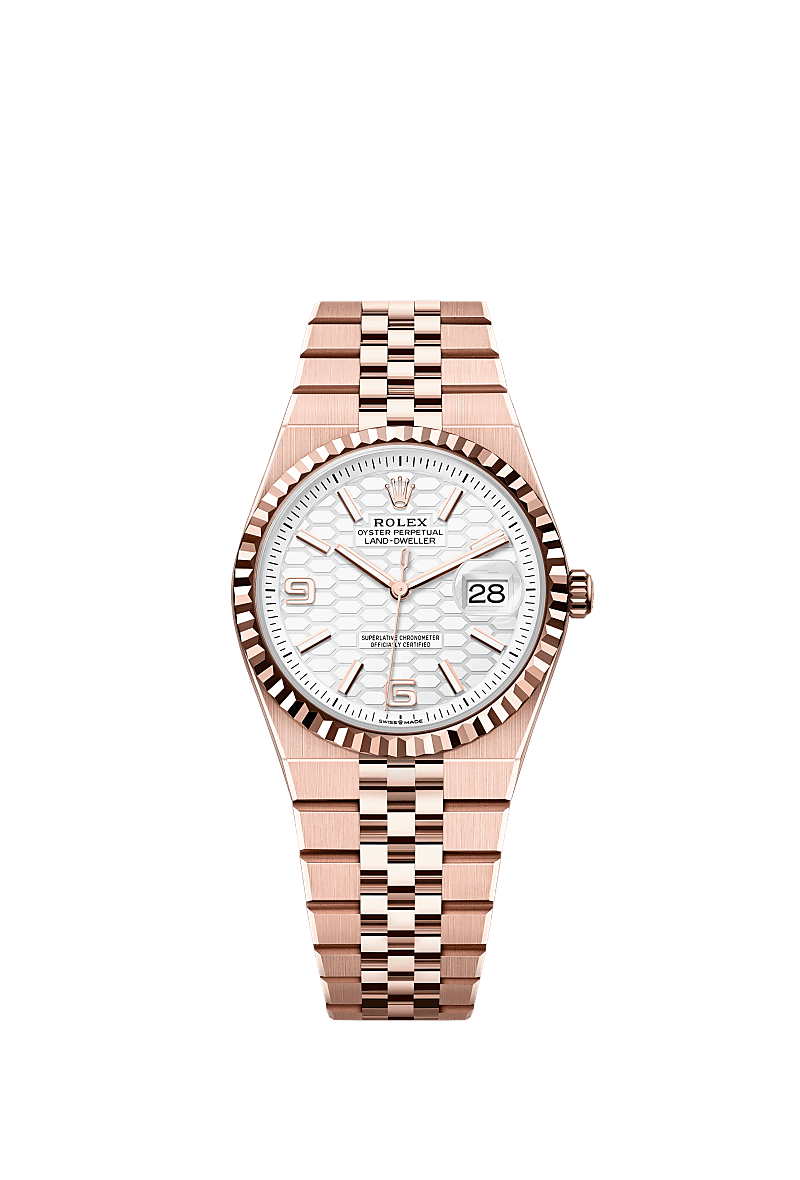 Unworn 2025, Rolex Land-Dweller 36, 18k Everose Gold, Intense white dial, Fluted Flat Jubilee, Ref# 127235-0001