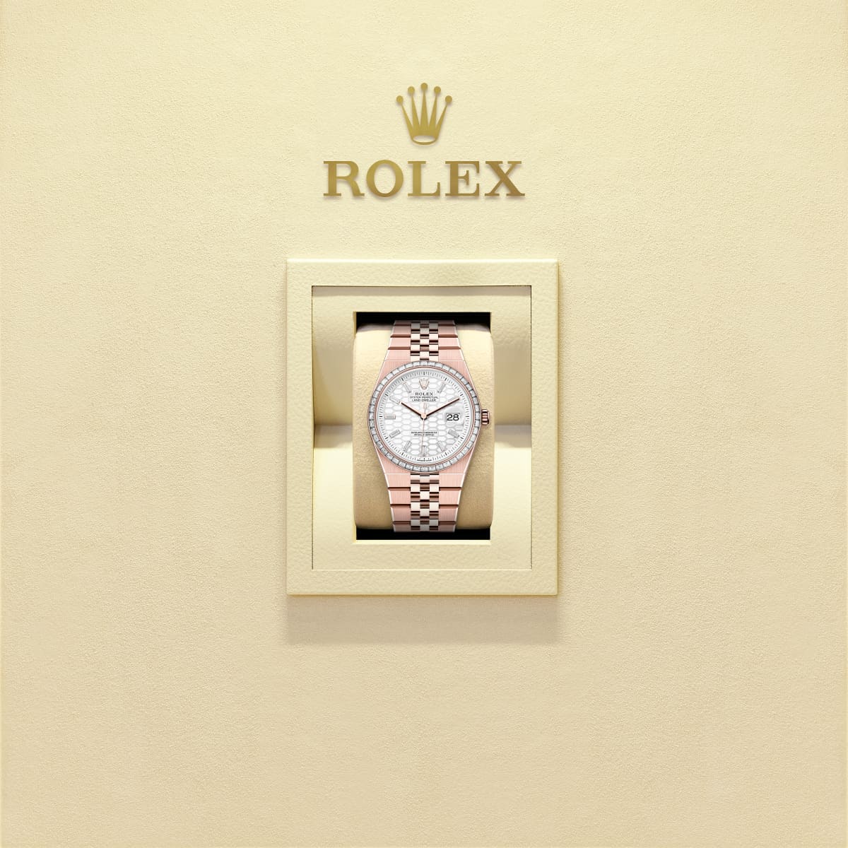Unworn 2025, Rolex Land-Dweller 36, 18k Everose Gold and Diamonds, Intense white dial, Flat Jubilee, Ref# 127285tbr-0002, Watch in box