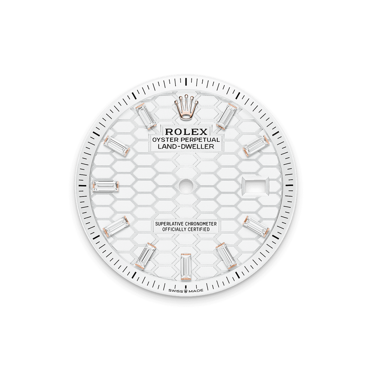 Unworn 2025, Rolex Land-Dweller 36, 18k Everose Gold and Diamonds, Intense white dial, Flat Jubilee, Ref# 127285tbr-0002, Dial