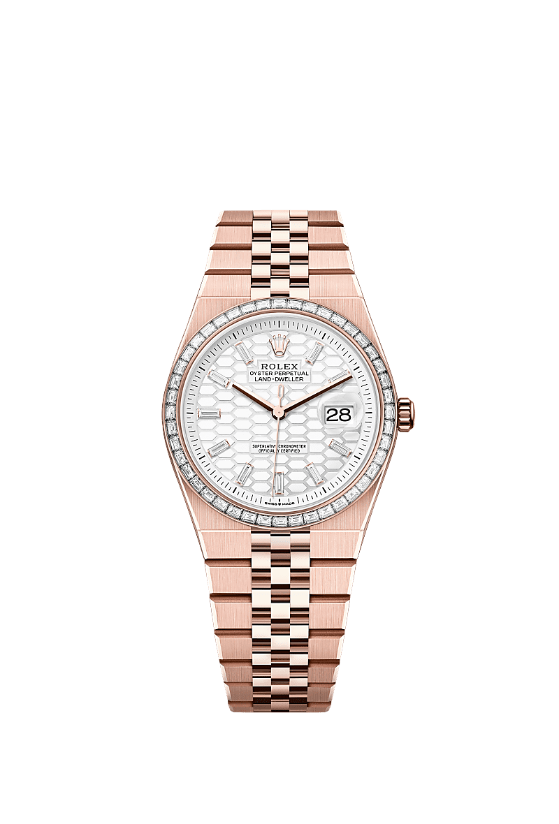 Unworn 2025, Rolex Land-Dweller 36, 18k Everose Gold and Diamonds, Intense white dial, Flat Jubilee, Ref# 127285tbr-0002