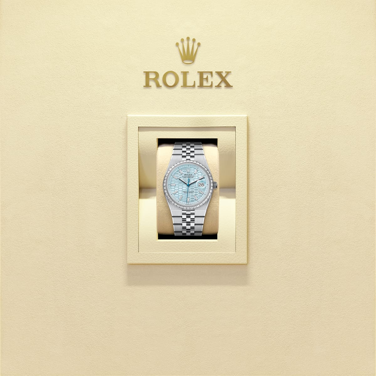 Unworn 2025, Rolex Land-Dweller 36, Platinum and Diamonds, Ice blue dial, Flat Jubilee, Ref# 127286tbr-0001, Watch in box