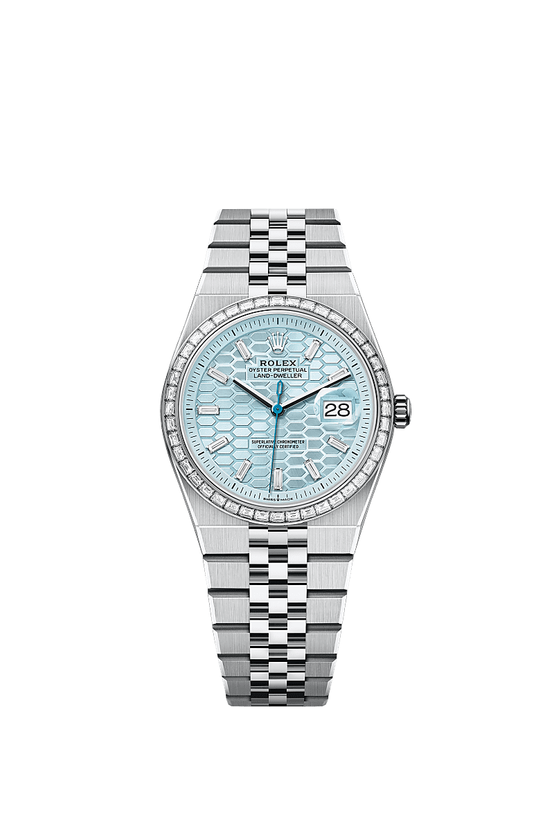 Unworn 2025, Rolex Land-Dweller 36, Platinum and Diamonds, Ice blue dial, Flat Jubilee, Ref# 127286tbr-0001