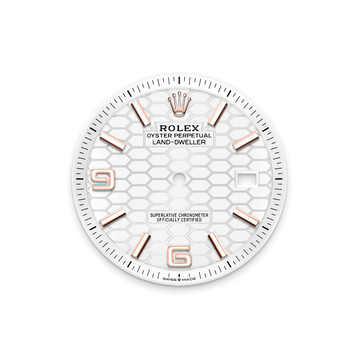 Unworn 2025, Rolex Land-Dweller 36, 18k Everose Gold, Intense white dial, Fluted Flat Jubilee, Ref# 127235-0001, Dial