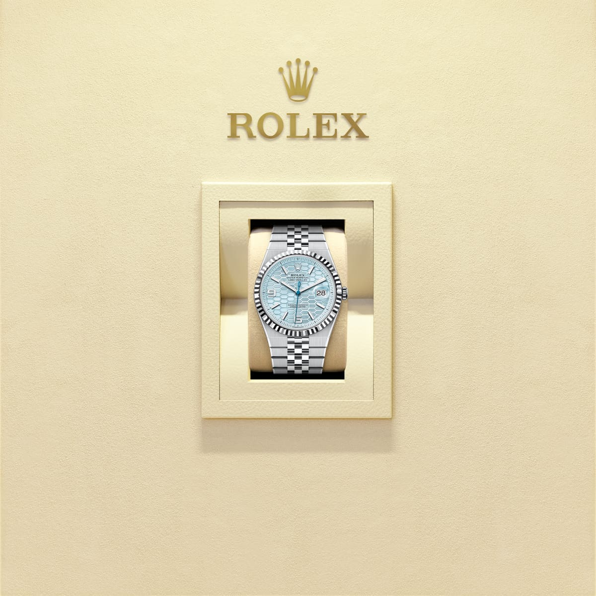 Unworn 2025, Rolex Land-Dweller 36, Platinum, Ice blue dial, Fluted Flat Jubilee, Ref# 127236-0001, watch in box