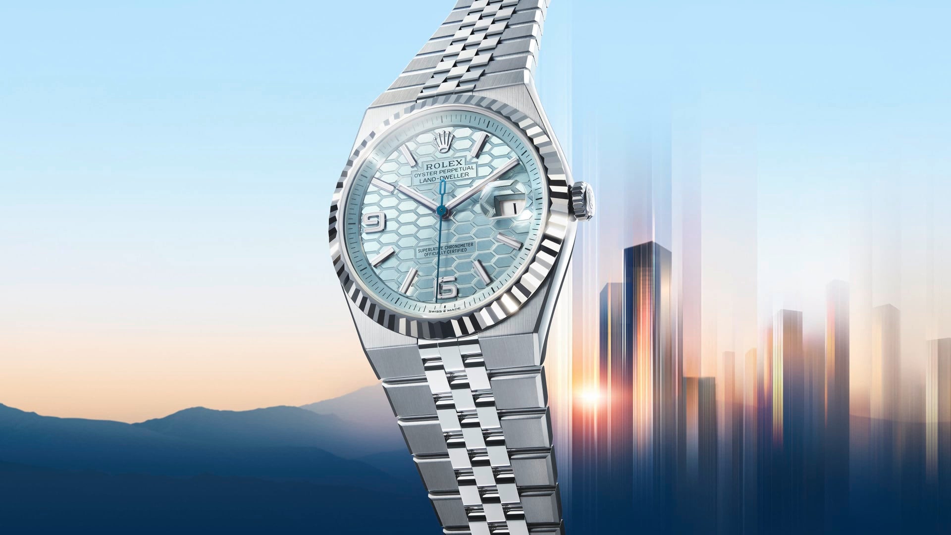 Unworn 2025, Rolex Land-Dweller 36, Platinum, Ice blue dial, Fluted Flat Jubilee, Ref# 127236-0001, Main view 1