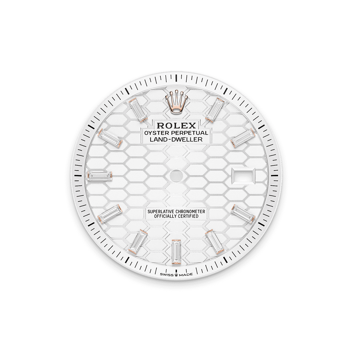 Unworn 2025, Rolex Land-Dweller 40, 18k Everose Gold and Diamonds, Intense white dial, Flat Jubilee, Ref# 127385tbr-0003, Dial