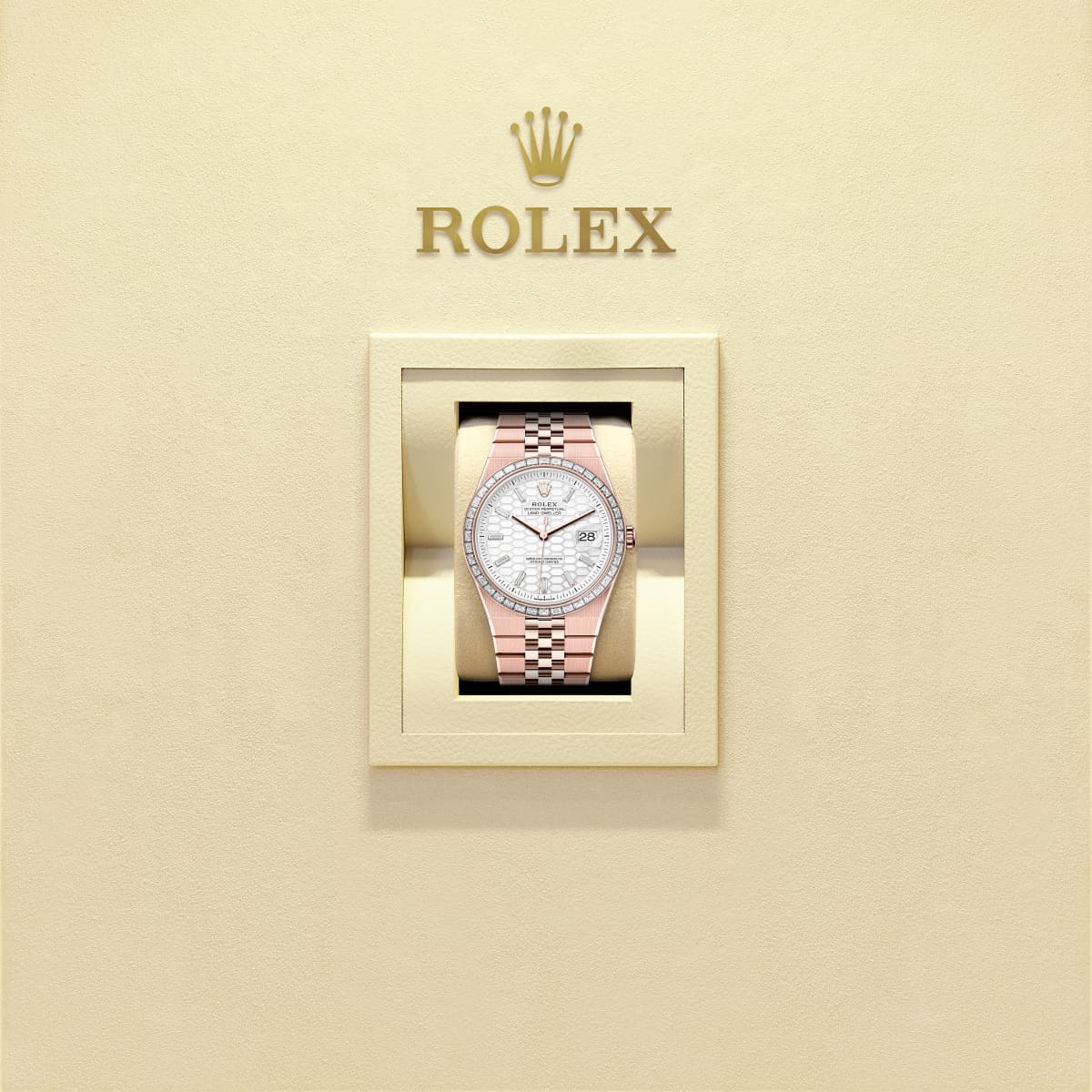 Unworn 2025, Rolex Land-Dweller 40, 18k Everose Gold and Diamonds, Intense white dial, Flat Jubilee, Ref# 127385tbr-0003, Watch in box