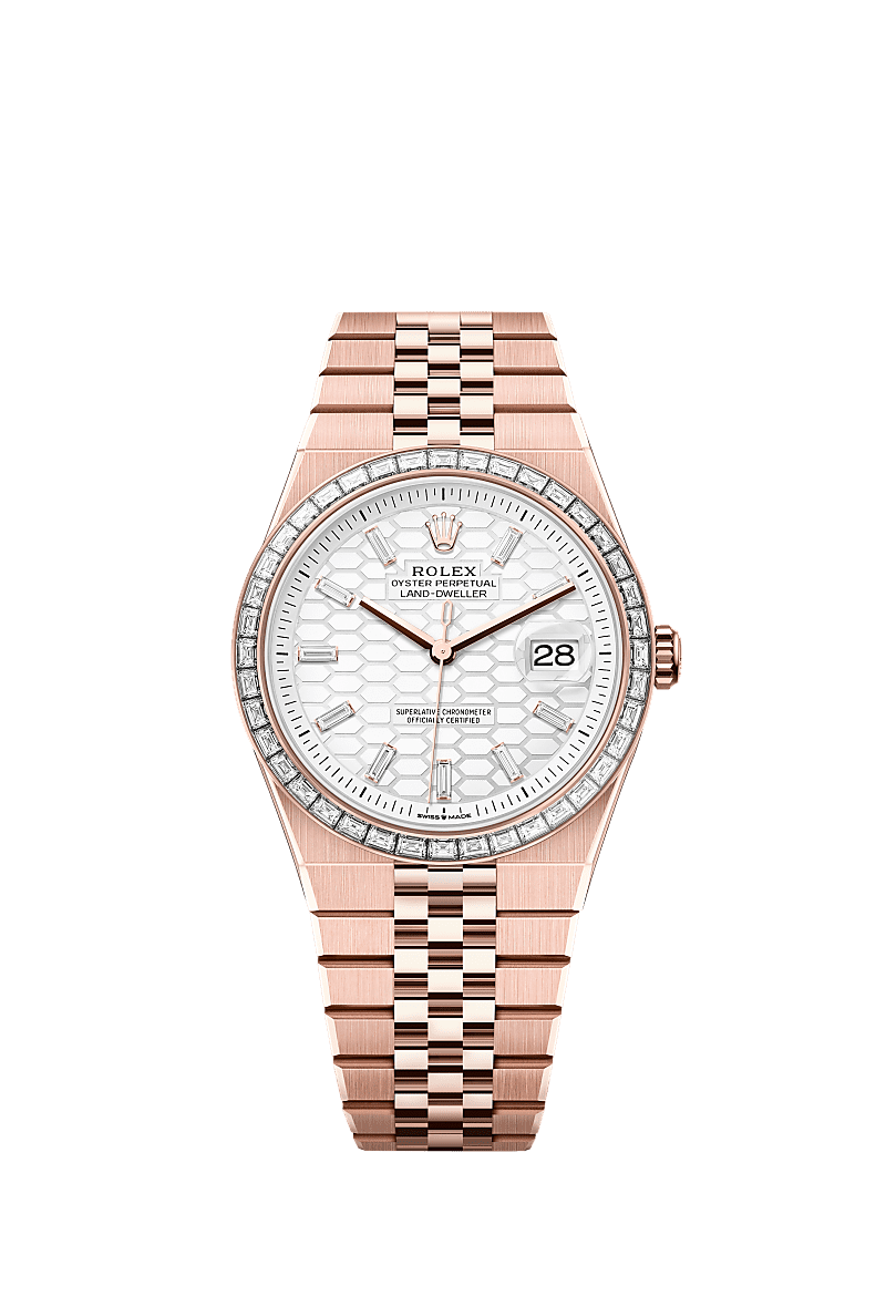 Unworn 2025, Rolex Land-Dweller 40, 18k Everose Gold and Diamonds, Intense white dial, Flat Jubilee, Ref# 127385tbr-0003