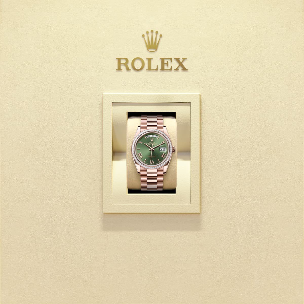 Unworn 2025, Rolex Day-Date 36, 18k Everose Gold and Diamond-set, 36mm, Ref# 128395tbr-0033, box and papersm Watch in box