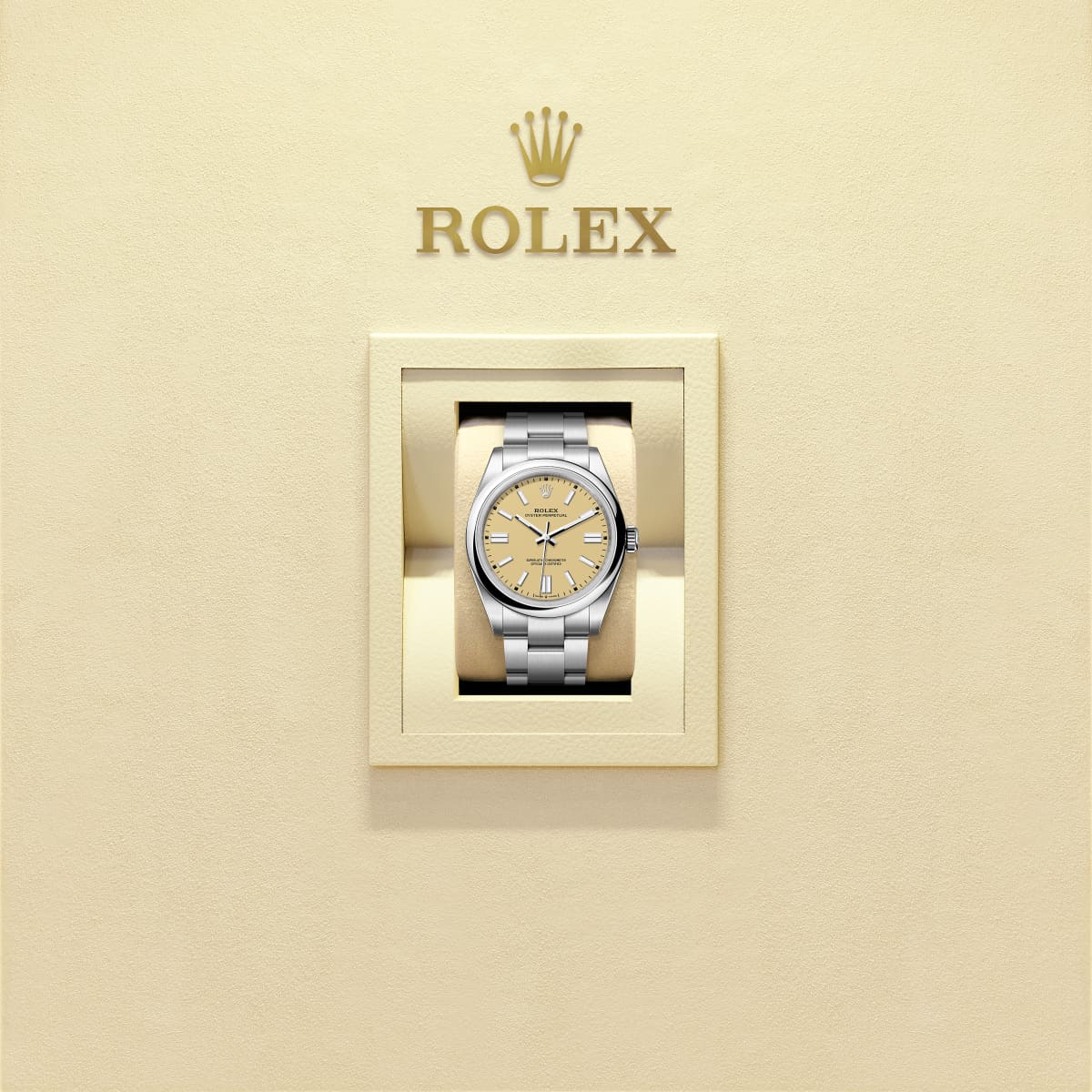 Unworn 2025, Rolex Oyster Perpetual, Oystersteel 41mm, Beige dial, Domed Oyster, Ref# 134300-0007, box and papers, Watch in box