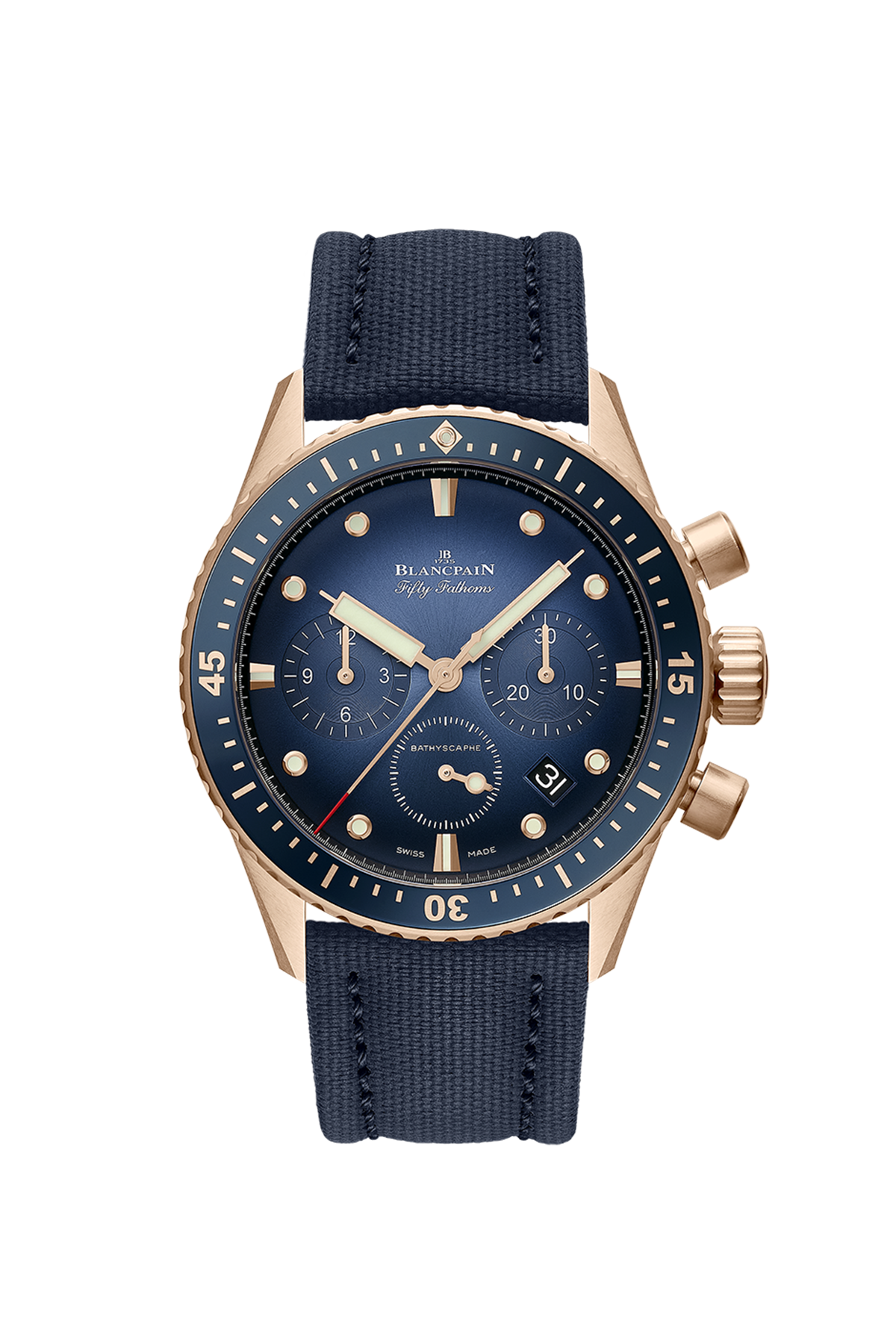 Unworn Blancpain Fifty Fathoms Bathyscaphe Chronographe Flyback, 18k Red Gold, 43mm, Ref# 5200-3640-O52A