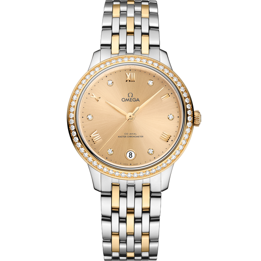 Unworn, Omega De Ville Prestige, Stainless Steel, 18k Yellow Gold and Diamond-set, 34 mm, Ref# 434.25.34.20.58.001